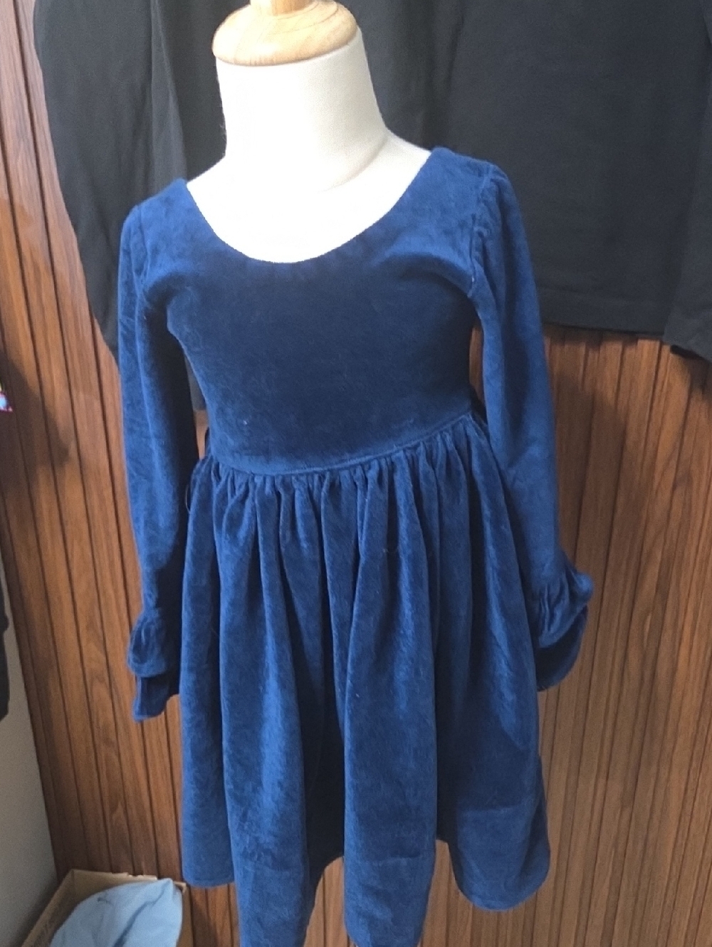 Classic Girls' Velvet Long-Sleeve Party Dress — Navy Blue [0133]